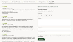 Commentaires des utilisateurs avec notes sur la fiche produit une boutique en ligne