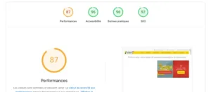 Score de performance de 87% sur le site garage Primum (PageSpeed)