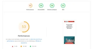 Score de performance de 53% sur le site garage Cars en mobile (PageSpeed)
