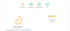 Score de performance de 62% sur le site garage Primum en mobile (PageSpeed)