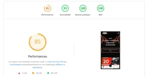 Score de performance de 85% sur le site garage Cars en mobile (PageSpeed)