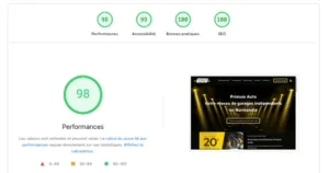 Score de performance de 98% sur le site garage Primum en mobile (PageSpeed)