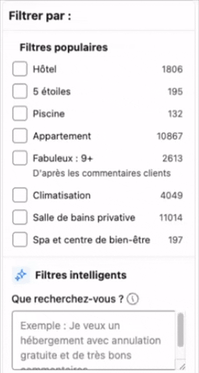 Longue liste de filtres du site booking