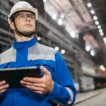Employé sur un chantier utilisant une tablette