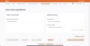 Page de calcul des ingrédients