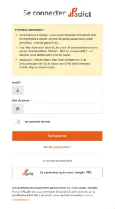 Page de connexion à l'application adict